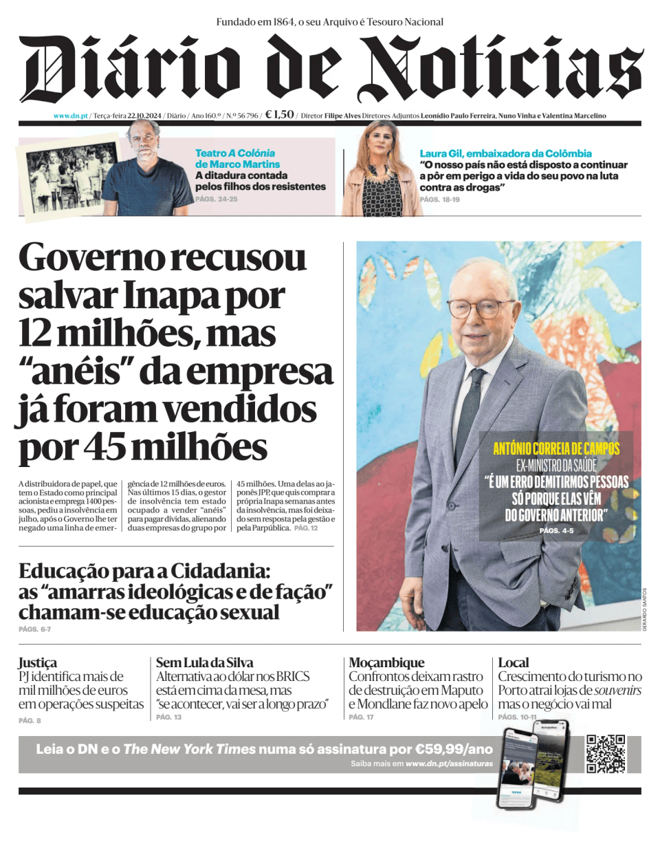 Prima-pagina-Diario de Noticias-edizione-di-oggi-20241022